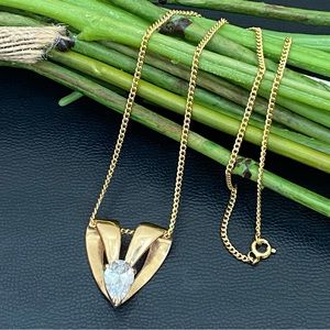 Vintage Unsigned Gold-Plated Heart Slider Pendant Teardrop Clear CZ 16” Necklace
